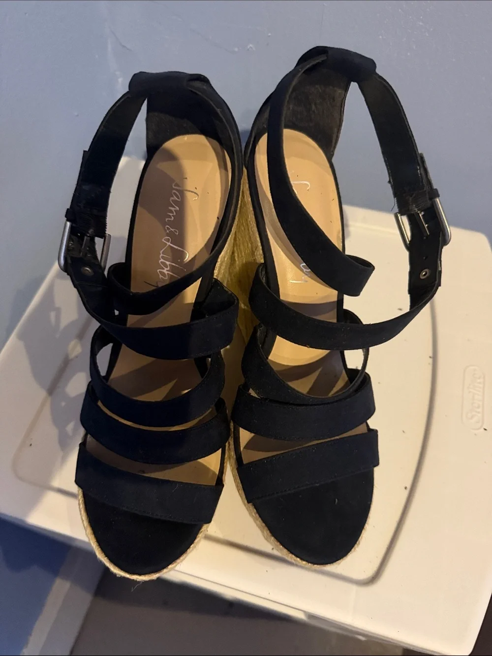 Sam & Libby Black Multi-Strap Espadrille Wedge Sandals with Buckle
